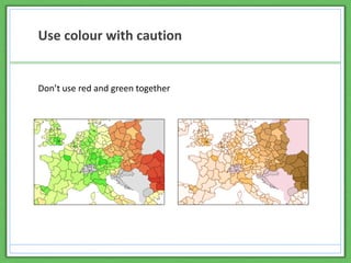 Use colour with caution
Don’t use red and green together
 