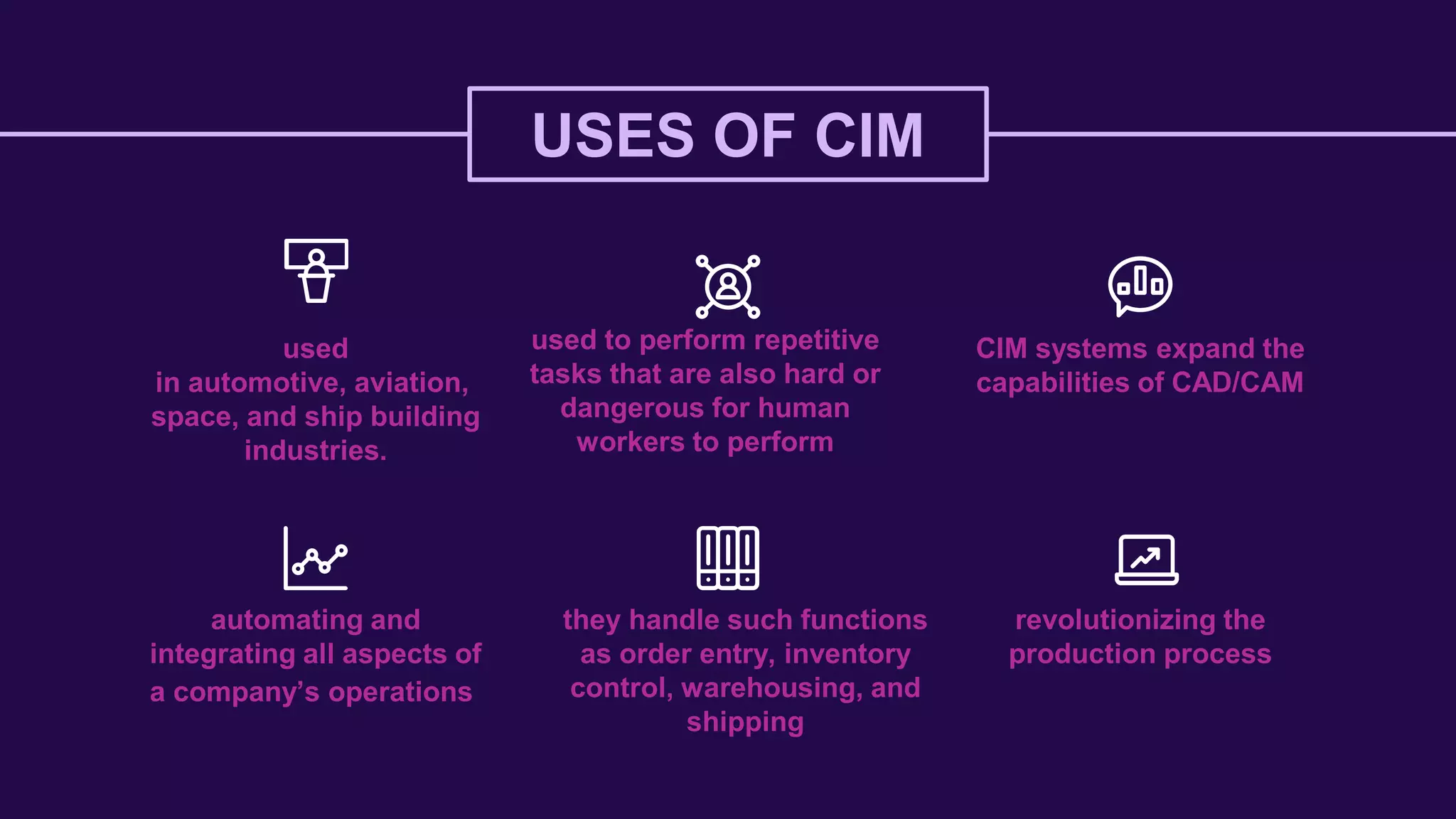 USES OF CIM
used
in automotive, aviation,
space, and ship building
industries.
used to perform repetitive
tasks that are also hard or
dangerous for human
workers to perform
CIM systems expand the
capabilities of CAD/CAM
automating and
integrating all aspects of
a company’s operations
they handle such functions
as order entry, inventory
control, warehousing, and
shipping
revolutionizing the
production process
 