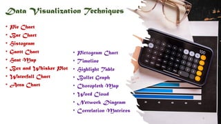 Data Visualization Techniques
• Pie Chart
• Bar Chart
• Histogram
• Gantt Chart
• Heat Map
• Box and Whisker Plot
• Waterfall Chart
• Area Chart
• Pictogram Chart
• Timeline
• Highlight Table
• Bullet Graph
• Choropleth Map
• Word Cloud
• Network Diagram
• Correlation Matrices
3
 