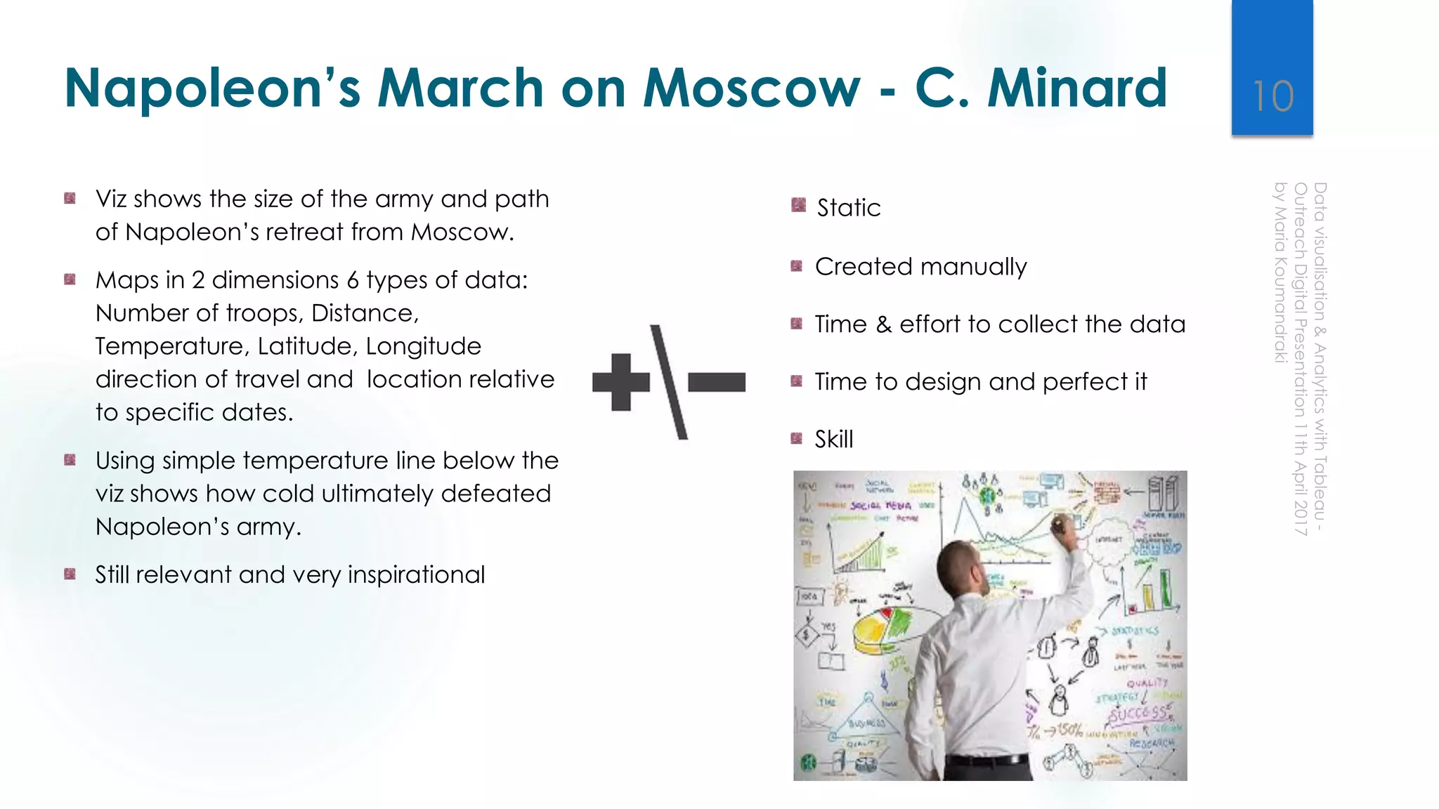 Viz shows the size of the army and path
of Napoleon’s retreat from Moscow.
Maps in 2 dimensions 6 types of data:
Number of troops, Distance,
Temperature, Latitude, Longitude
direction of travel and location relative
to specific dates.
Using simple temperature line below the
viz shows how cold ultimately defeated
Napoleon’s army.
Still relevant and very inspirational
Static
Created manually
Time & effort to collect the data
Time to design and perfect it
Skill
Napoleon’s March on Moscow - C. Minard 10
 