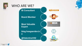 WHO ARE WE?
BI Consultant
Board Member
Most Valuable
Expert
blog.hoegaerden.b
e
@ValentinoV42
 