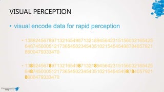 VISUAL PERCEPTION
• visual encode data for rapid perception
• 138924567897132165498713218945642315156032165425
648745000512173654502345435102154545498784057921
8600479333470
• 138924567897132165498713218945642315156032165425
648745000512173654502345435102154545498784057921
8600479333470
 