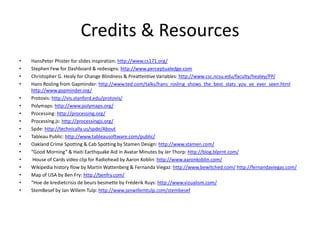 Credits & Resources
• HansPeter Phister for slides inspiration: http://www.cs171.org/
• Stephen Few for Dashboard & redesigns: http://www.perceptualedge.com
• Christopher G. Healy for Change Blindness & Preattentive Variables: http://www.csc.ncsu.edu/faculty/healey/PP/
• Hans Rosling from Gapminder: http://www.ted.com/talks/hans_rosling_shows_the_best_stats_you_ve_ever_seen.html
http://www.gapminder.org/
• Protovis: http://vis.stanford.edu/protovis/
• Polymaps: http://www.polymaps.org/
• Processing: http://processing.org/
• Processing.js: http://processingjs.org/
• Spde: http://technically.us/spde/About
• Tableau Public: http://www.tableausoftware.com/public/
• Oakland Crime Spotting & Cab Spotting by Stamen Design: http://www.stamen.com/
• “Good Morning” & Haiti Earthquake Aid in Avatar Minutes by Jer Thorp: http://blog.blprnt.com/
• House of Cards video clip for Radiohead by Aaron Koblin: http://www.aaronkoblin.com/
• Wikipedia history flow by Martin Wattenberg & Fernanda Viegaz: http://www.bewitched.com/ http://fernandaviegas.com/
• Map of USA by Ben Fry: http://benfry.com/
• “Hoe de kredietcrisis de beurs besmette by Frédérik Ruys: http://www.vizualism.com/
• StemBesef by Jan Willem Tulp: http://www.janwillemtulp.com/stembesef
 