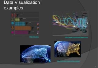 Data Visualization
examples




            http://visual.ly               http://www.evolutionoftheweb.com




                               http://www.pbs.org/america-revealed


                                                                              3
 