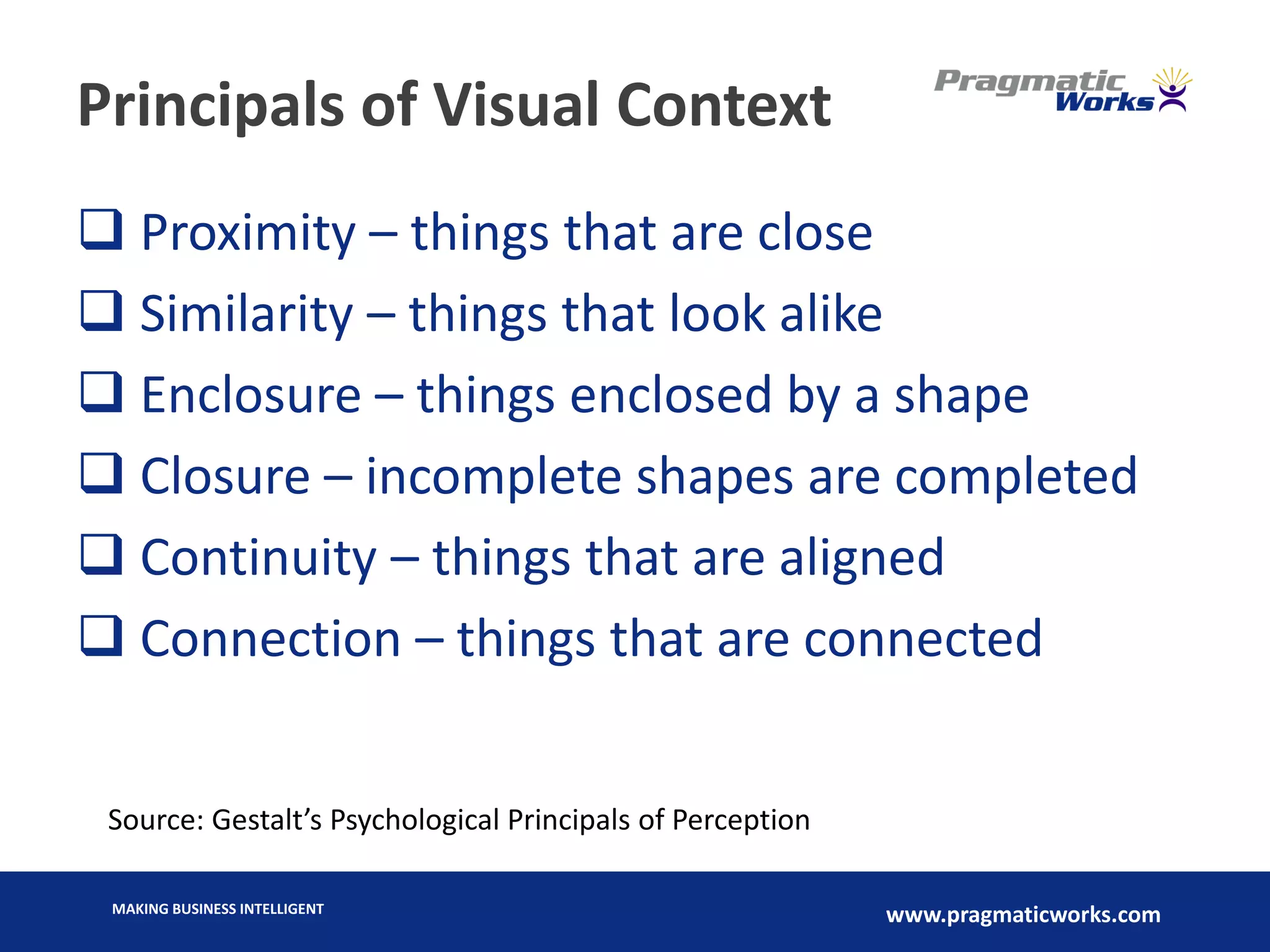 MAKING BUSINESS INTELLIGENT
www.pragmaticworks.com
Principals of Visual Context
 Proximity – things that are close
 Similarity – things that look alike
 Enclosure – things enclosed by a shape
 Closure – incomplete shapes are completed
 Continuity – things that are aligned
 Connection – things that are connected
Source: Gestalt’s Psychological Principals of Perception
 