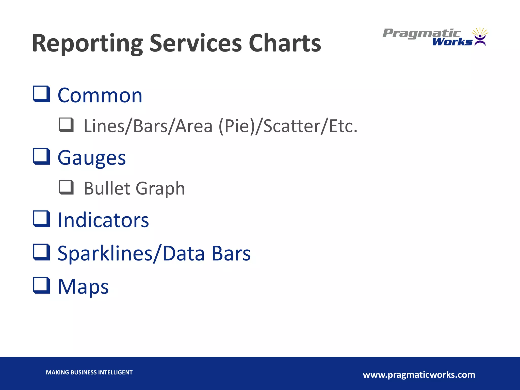 MAKING BUSINESS INTELLIGENT
www.pragmaticworks.com
Reporting Services Charts
 Common
 Lines/Bars/Area (Pie)/Scatter/Etc.
 Gauges
 Bullet Graph
 Indicators
 Sparklines/Data Bars
 Maps
 