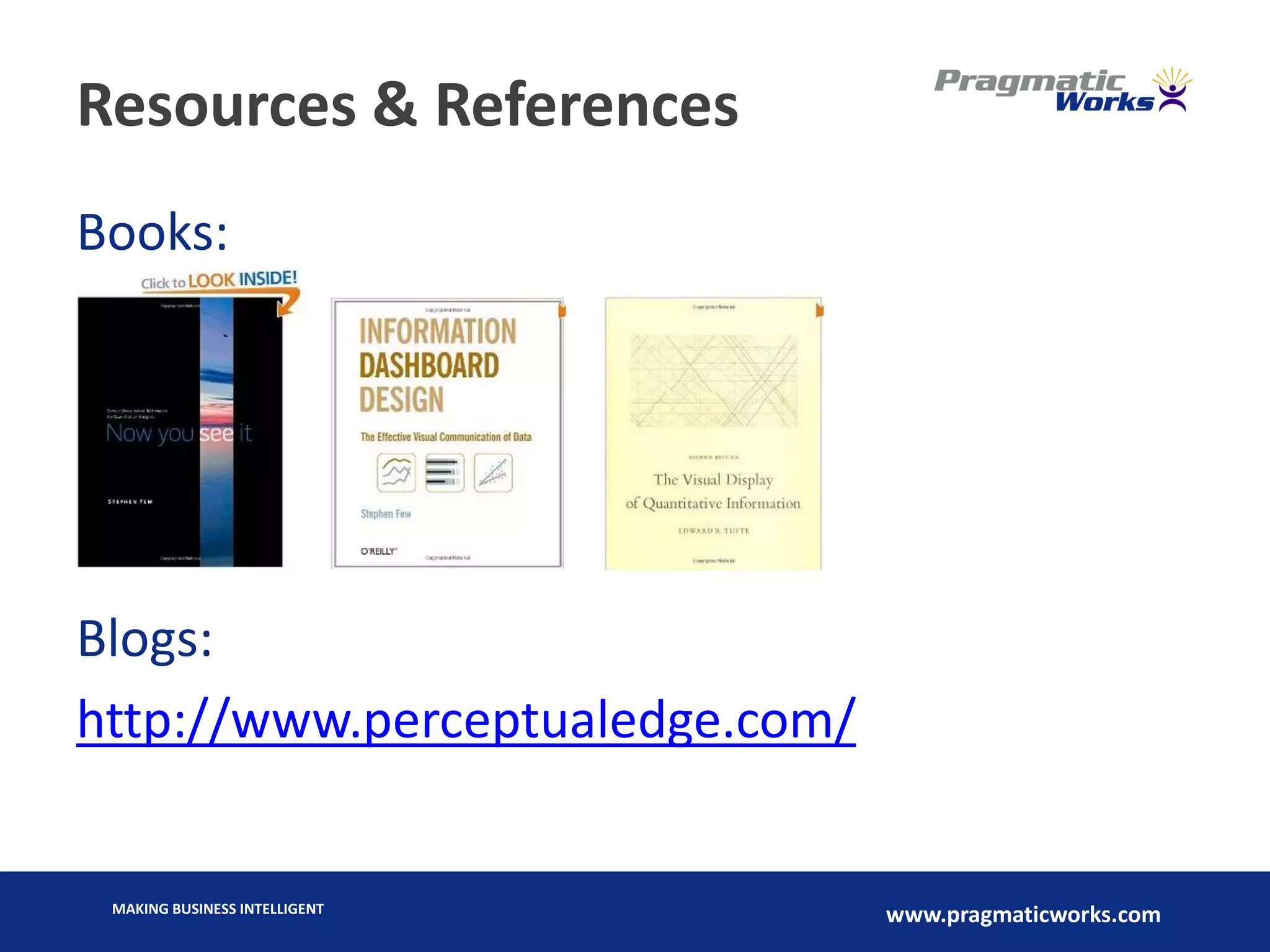 MAKING BUSINESS INTELLIGENT
www.pragmaticworks.com
Resources & References
Books:
Blogs:
http://www.perceptualedge.com/
 