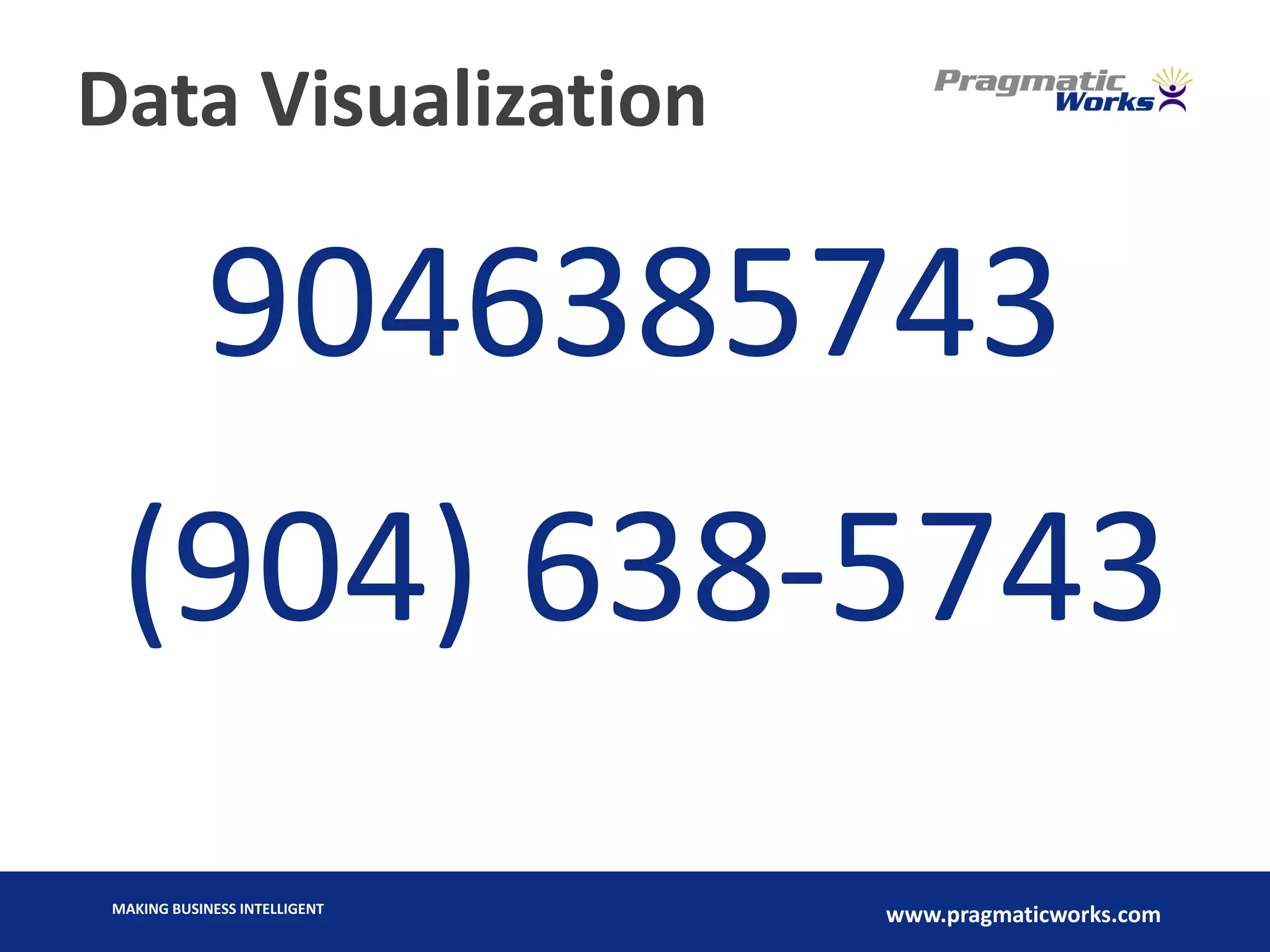MAKING BUSINESS INTELLIGENT
www.pragmaticworks.com
Data Visualization
9046385743
(904) 638-5743
 