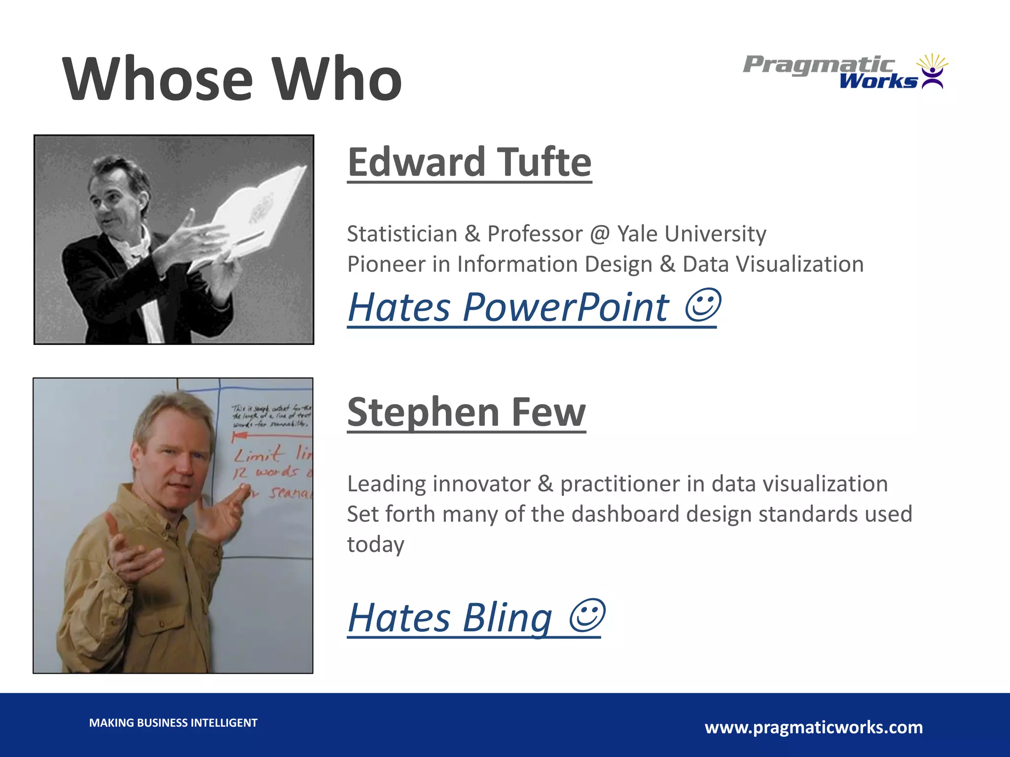 MAKING BUSINESS INTELLIGENT
www.pragmaticworks.com
Whose Who
Edward Tufte
Statistician & Professor @ Yale University
Pioneer in Information Design & Data Visualization
Hates PowerPoint 
Stephen Few
Leading innovator & practitioner in data visualization
Set forth many of the dashboard design standards used
today
Hates Bling 
 