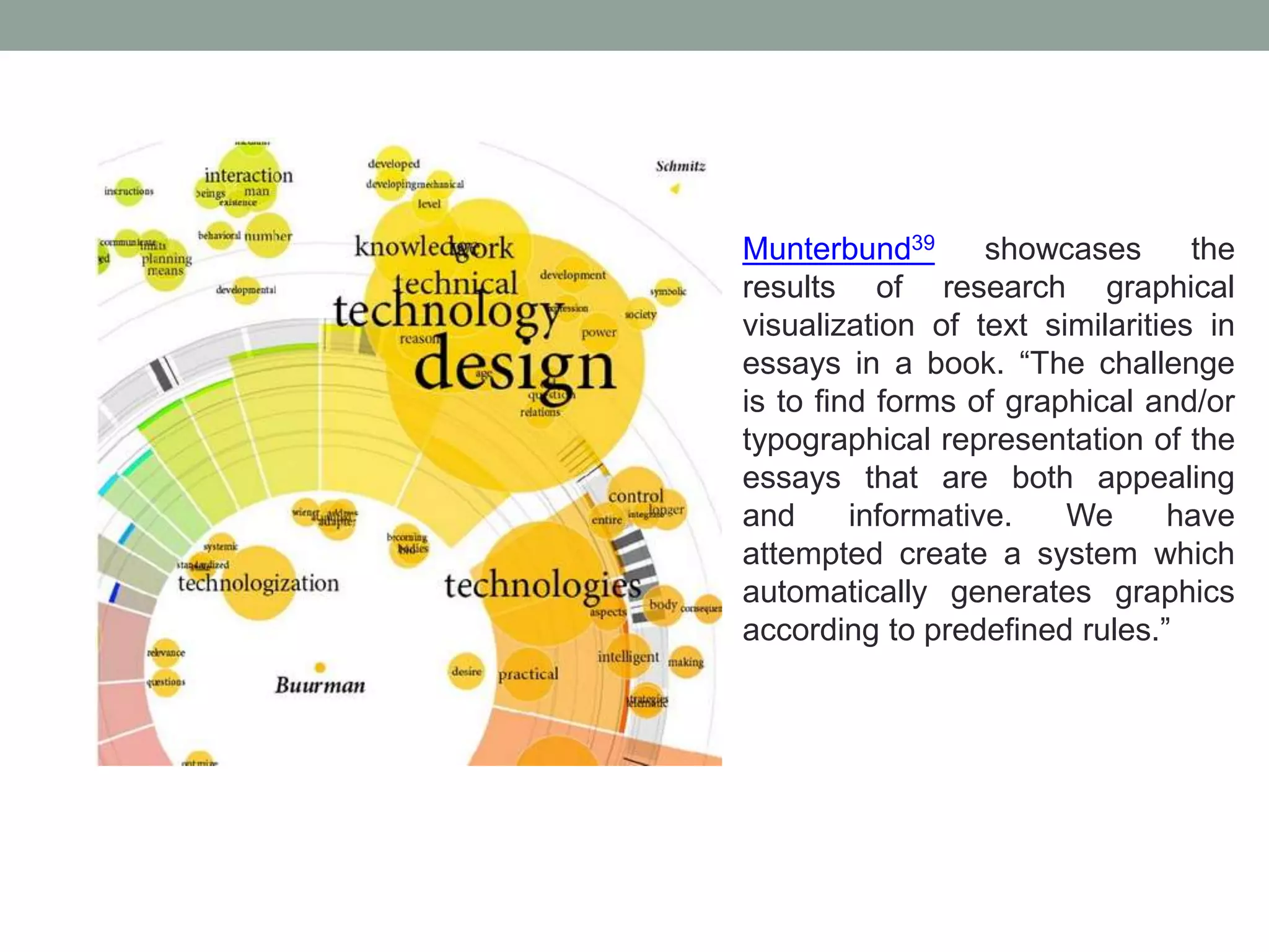 Munterbund39 showcases the
results of research graphical
visualization of text similarities in
essays in a book. “The challenge
is to find forms of graphical and/or
typographical representation of the
essays that are both appealing
and informative. We have
attempted create a system which
automatically generates graphics
according to predefined rules.”
 