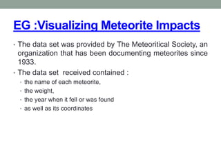 EG :Visualizing Meteorite Impacts
• The data set was provided by The Meteoritical Society, an
organization that has been documenting meteorites since
1933.
• The data set received contained :
• the name of each meteorite,
• the weight,
• the year when it fell or was found
• as well as its coordinates
 