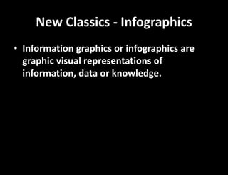 New Classics - Infographics
• Information graphics or infographics are
graphic visual representations of
information, data or knowledge.
 