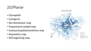 2D/Planar
• Choropleth
• Cartogram
• Dot distribution map
• Proportional symbol map
• Contour/isopleth/isarithmic map
• Dasymetric map
• Self-organizing map
 