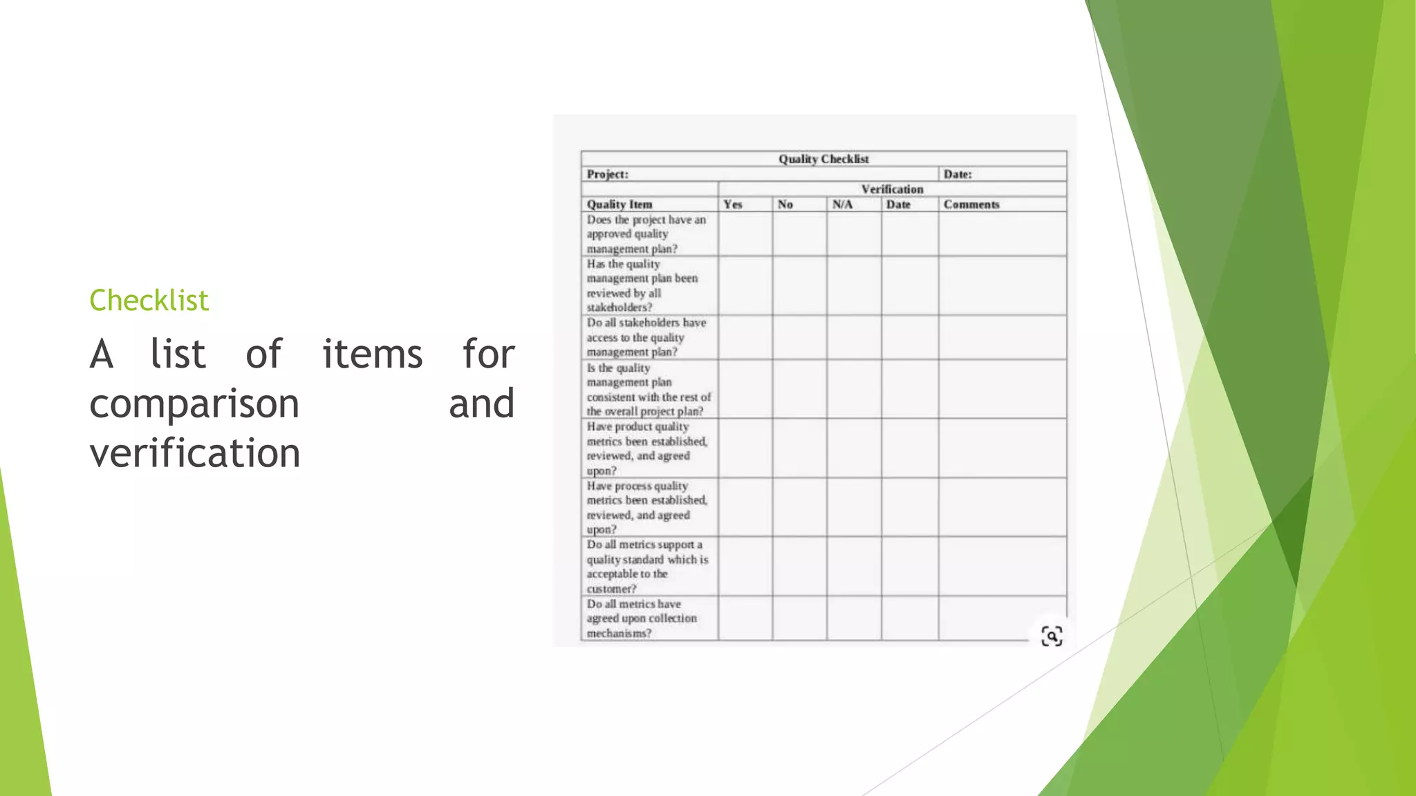 Checklist
A list of items for
comparison and
verification
 