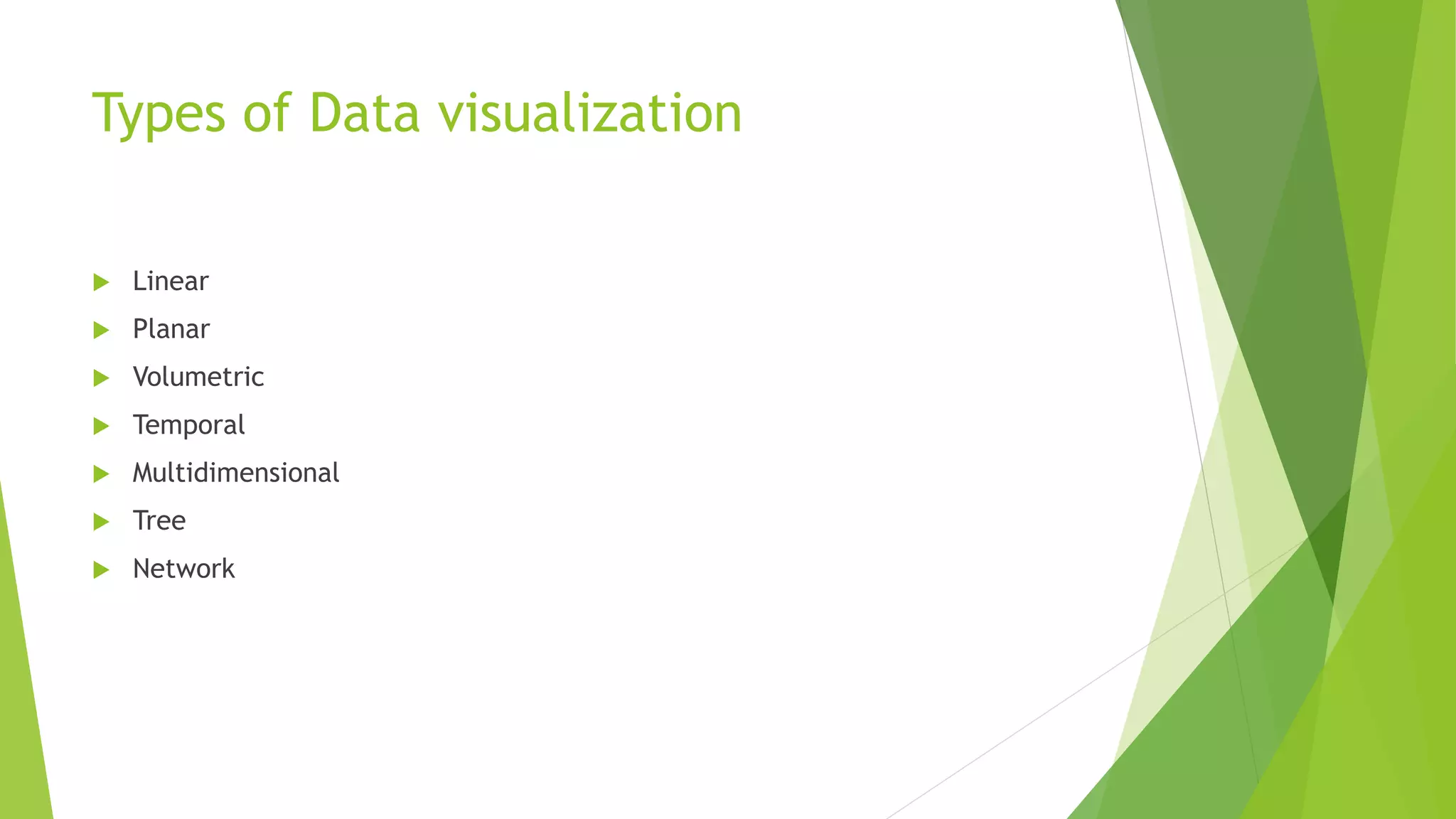 Types of Data visualization
 Linear
 Planar
 Volumetric
 Temporal
 Multidimensional
 Tree
 Network
 