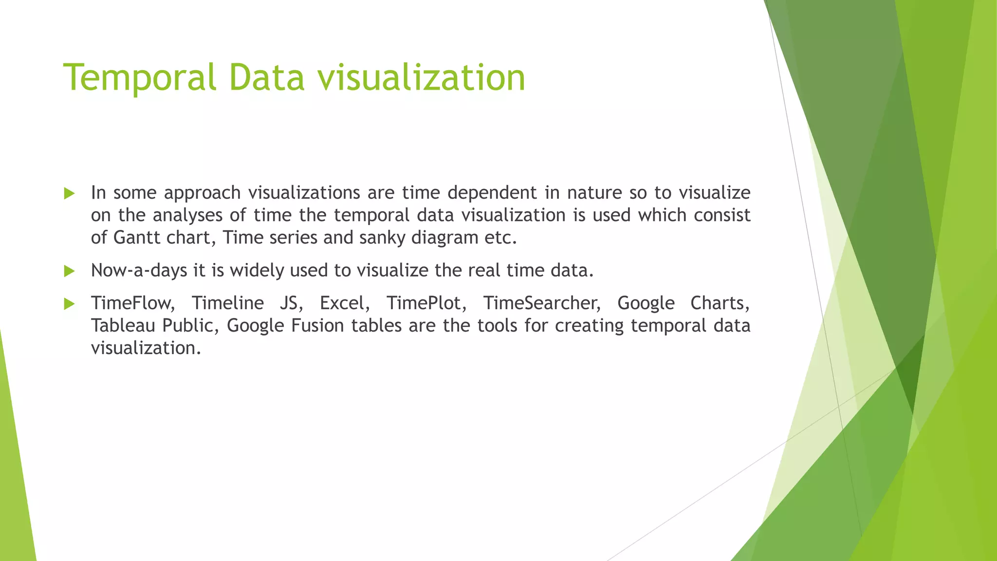 Temporal Data visualization
 In some approach visualizations are time dependent in nature so to visualize
on the analyses of time the temporal data visualization is used which consist
of Gantt chart, Time series and sanky diagram etc.
 Now-a-days it is widely used to visualize the real time data.
 TimeFlow, Timeline JS, Excel, TimePlot, TimeSearcher, Google Charts,
Tableau Public, Google Fusion tables are the tools for creating temporal data
visualization.
 