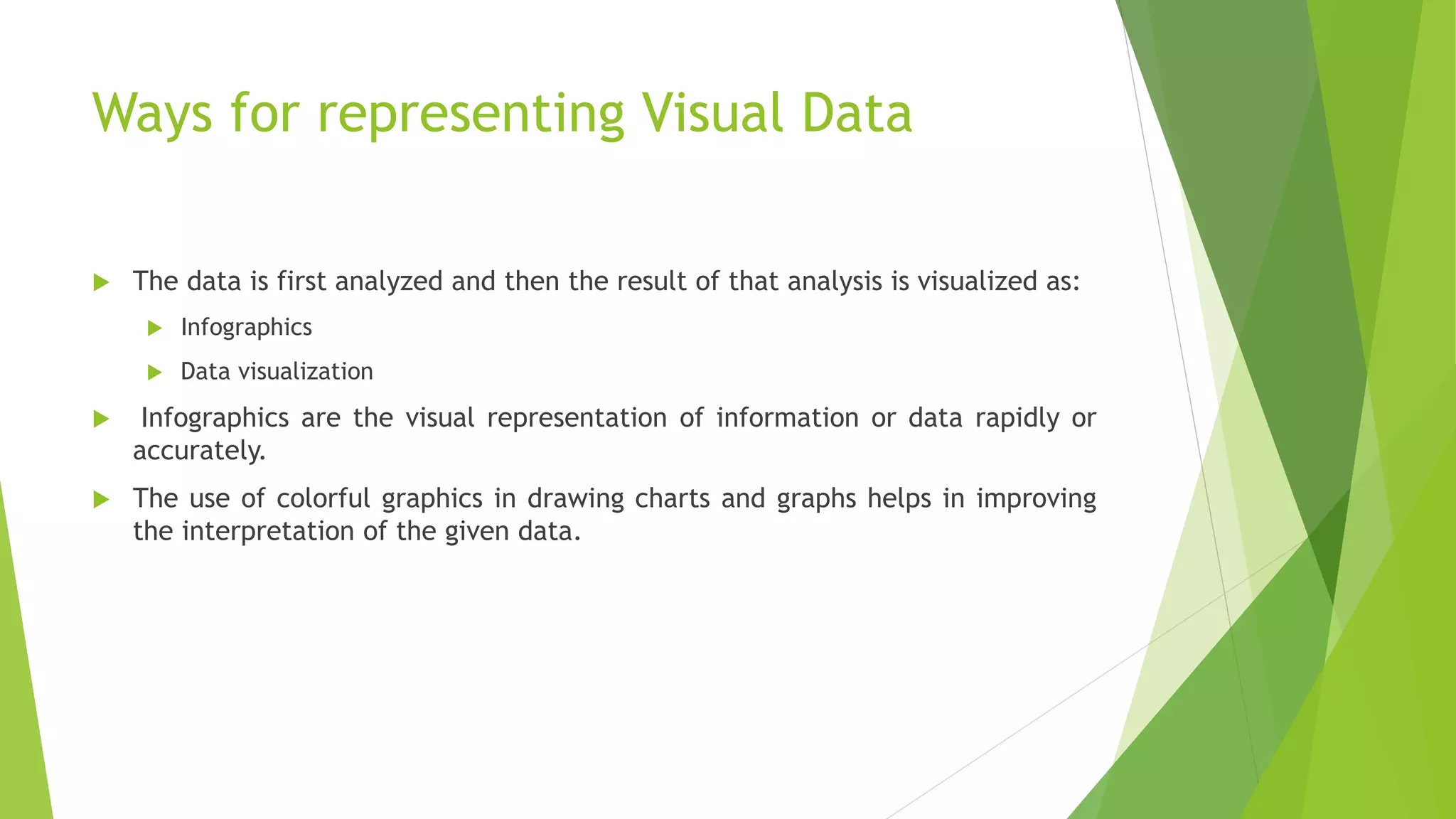 Ways for representing Visual Data
 The data is first analyzed and then the result of that analysis is visualized as:
 Infographics
 Data visualization
 Infographics are the visual representation of information or data rapidly or
accurately.
 The use of colorful graphics in drawing charts and graphs helps in improving
the interpretation of the given data.
 