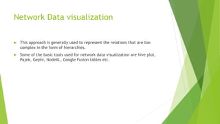 Network Data visualization
 This approach is generally used to represent the relations that are too
complex in the form of hierarchies.
 Some of the basic tools used for network data visualization are hive plot,
Pajek, Gephi, NodeXL, Google Fusion tables etc.
 