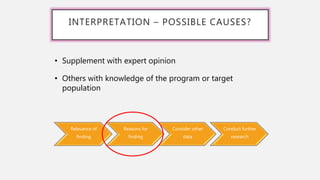 Relevance of
finding
Reasons for
finding
Consider other
data
Conduct further
research
INTERPRETATION – POSSIBLE CAUSES?
• Supplement with expert opinion
• Others with knowledge of the program or target
population
 