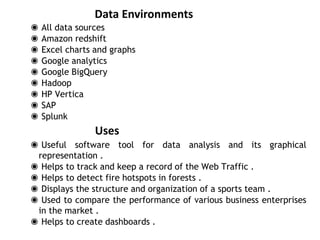 Data Environments
Uses
◉ Useful software tool for data analysis and its graphical
representation .
◉ Helps to track and keep a record of the Web Traffic .
◉ Helps to detect fire hotspots in forests .
◉ Displays the structure and organization of a sports team .
◉ Used to compare the performance of various business enterprises
in the market .
◉ Helps to create dashboards .
◉ All data sources
◉ Amazon redshift
◉ Excel charts and graphs
◉ Google analytics
◉ Google BigQuery
◉ Hadoop
◉ HP Vertica
◉ SAP
◉ Splunk
 