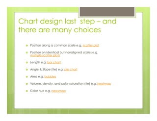 Chart design last step – and
there are many choices
›  Position along a common scale e.g. scatter plot
›  Position on identical but nonaligned scales e.g.
multiple scatter plots
›  Length e.g. bar chart
›  Angle & Slope (tie) e.g. pie chart
›  Area e.g. bubbles
›  Volume, density, and color saturation (tie) e.g. heatmap
›  Color hue e.g. newsmap
 