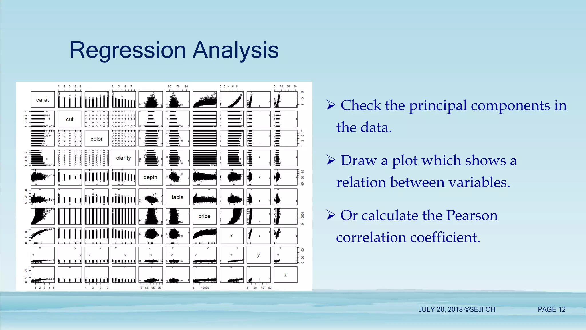 Regression Analysis
JULY 20, 2018 ©SEJI OH PAGE 12
 Check the principal components in
the data.
 Draw a plot which shows a
relation between variables.
 Or calculate the Pearson
correlation coefficient.
 