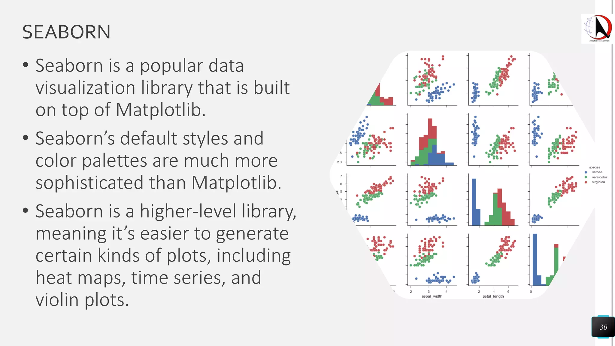 SEABORN
• Seaborn is a popular data
visualization library that is built
on top of Matplotlib.
• Seaborn’s default styles and
color palettes are much more
sophisticated than Matplotlib.
• Seaborn is a higher-level library,
meaning it’s easier to generate
certain kinds of plots, including
heat maps, time series, and
violin plots.
30
 