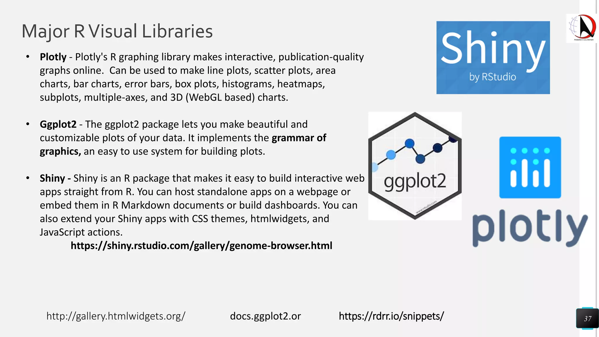 Major RVisual Libraries
37
• Plotly - Plotly's R graphing library makes interactive, publication-quality
graphs online. Can be used to make line plots, scatter plots, area
charts, bar charts, error bars, box plots, histograms, heatmaps,
subplots, multiple-axes, and 3D (WebGL based) charts.
• Ggplot2 - The ggplot2 package lets you make beautiful and
customizable plots of your data. It implements the grammar of
graphics, an easy to use system for building plots.
• Shiny - Shiny is an R package that makes it easy to build interactive web
apps straight from R. You can host standalone apps on a webpage or
embed them in R Markdown documents or build dashboards. You can
also extend your Shiny apps with CSS themes, htmlwidgets, and
JavaScript actions.
https://shiny.rstudio.com/gallery/genome-browser.html
https://rdrr.io/snippets/http://gallery.htmlwidgets.org/ docs.ggplot2.or
 