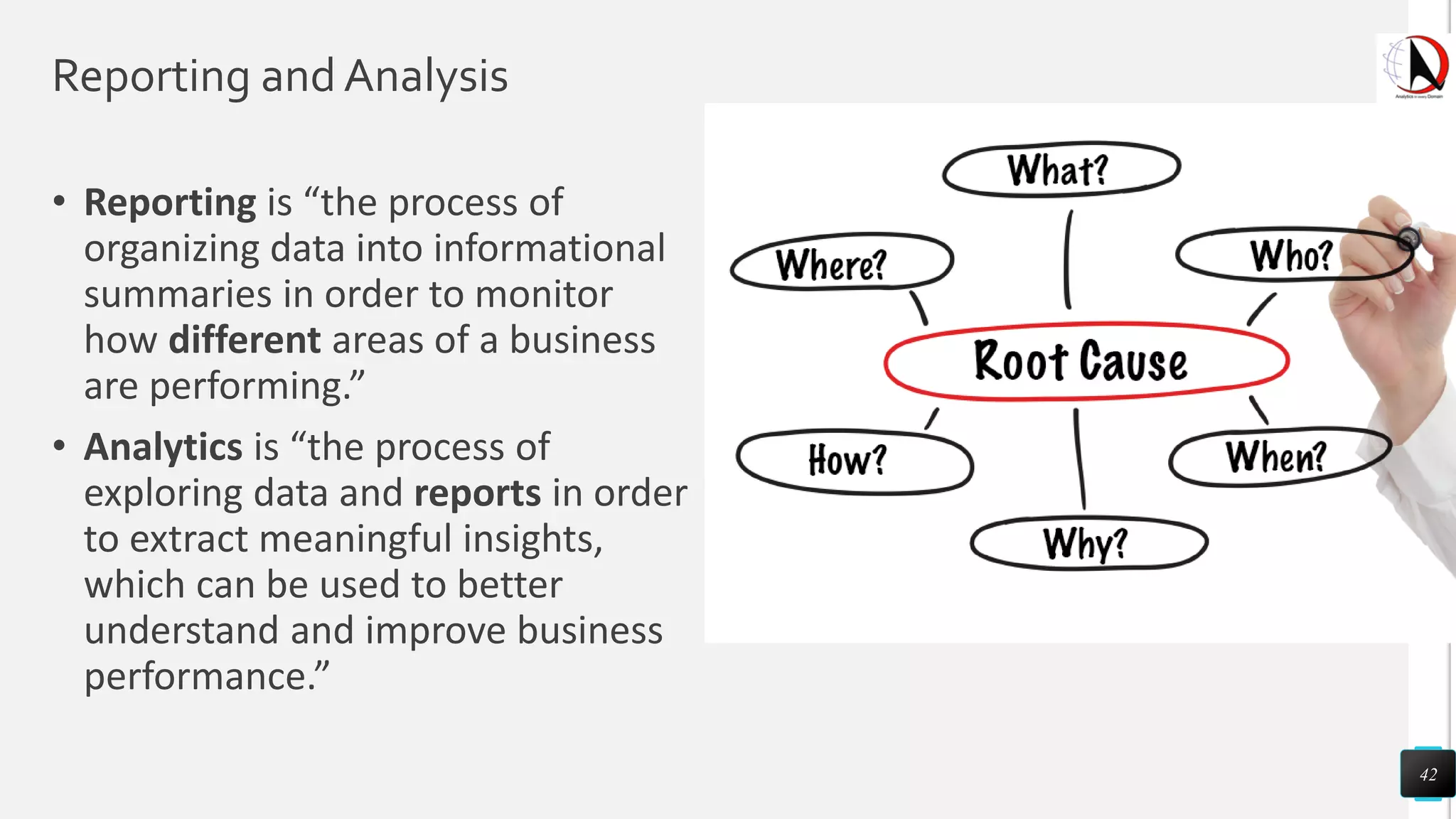 Reporting and Analysis
• Reporting is “the process of
organizing data into informational
summaries in order to monitor
how different areas of a business
are performing.”
• Analytics is “the process of
exploring data and reports in order
to extract meaningful insights,
which can be used to better
understand and improve business
performance.”
42
 