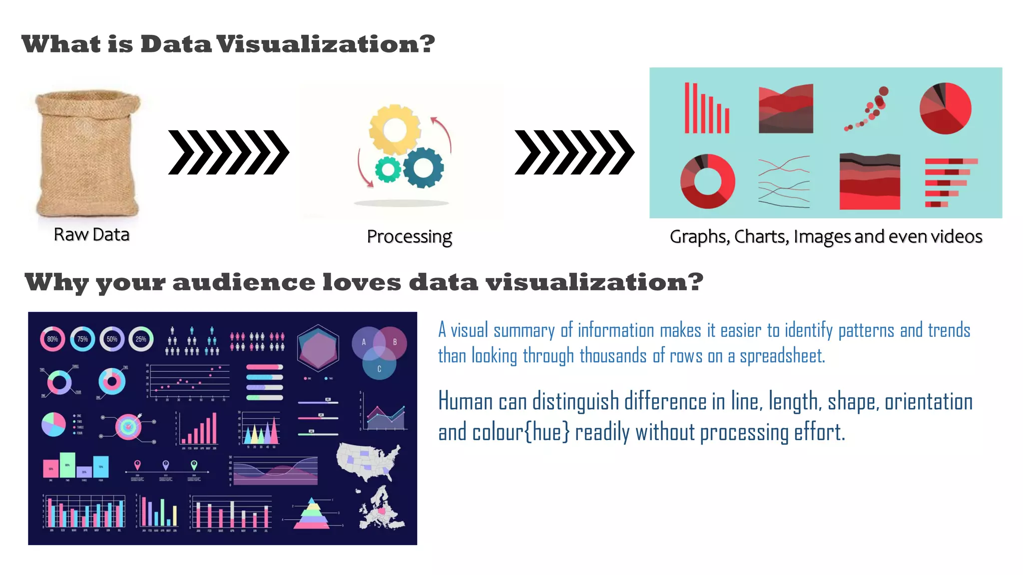 Raw Data
What is DataVisualization?
Why your audience loves data visualization?
Graphs, Charts, Images and even videos
A visual summary of information makes it easier to identify patterns and trends
than looking through thousands of rows on a spreadsheet.
Processing
Human can distinguish difference in line, length, shape, orientation
and colour{hue} readily without processing effort.
 