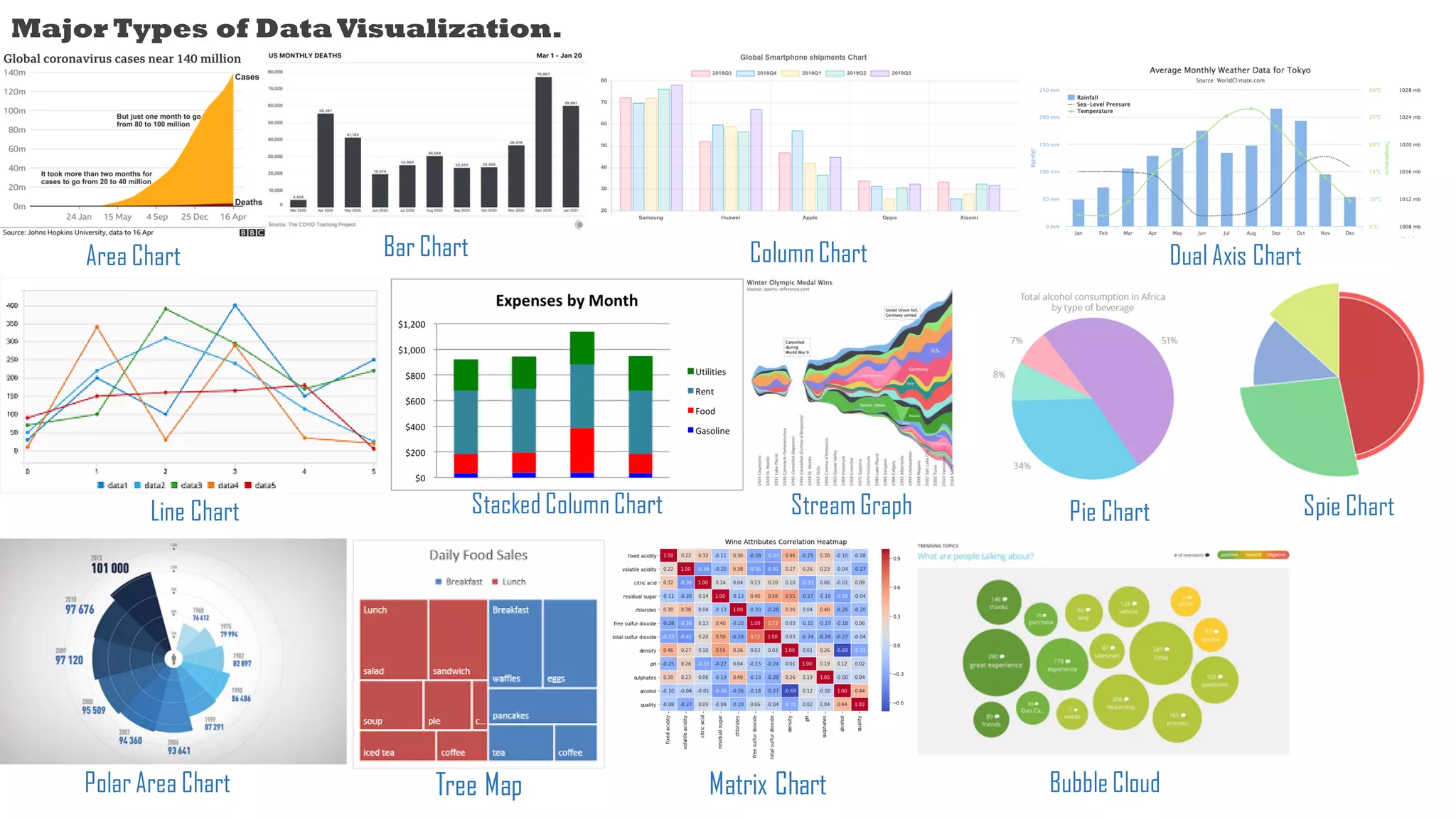 Major Types of Data Visualization.
Area Chart Bar Chart
Polar Area Chart
Line Chart StreamGraph
Tree Map Matrix Chart Bubble Cloud
Spie Chart
Pie Chart
Column Chart
Stacked Column Chart
Dual Axis Chart
 