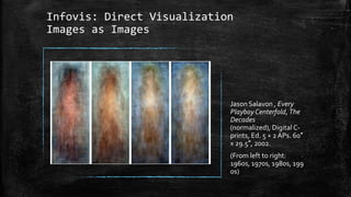 Infovis: Direct Visualization
Images as Images

Jason Salavon , Every
Playboy Centerfold, The
Decades
(normalized), Digital Cprints, Ed. 5 + 2 APs. 60″
x 29.5″, 2002.
(From left to right:
1960s, 1970s, 1980s, 199
0s)

 