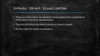 Infovis: Direct Visualization
▪ These are information visualizations that preserve the original form
of the data in the final representation
▪ They do not reduce the data to points or lines in a graph
▪ He also calls this media visualization

 