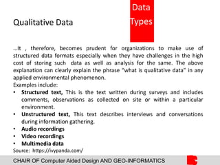 CHAIR OF Computer Aided Design AND GEO-INFORMATICS
Qualitative Data
…It , therefore, becomes prudent for organizations to make use of
structured data formats especially when they have challenges in the high
cost of storing such data as well as analysis for the same. The above
explanation can clearly explain the phrase “what is qualitative data” in any
applied environmental phenomenon.
Examples include:
• Structured text, This is the text written during surveys and includes
comments, observations as collected on site or within a particular
environment.
• Unstructured text, This text describes interviews and conversations
during information gathering.
• Audio recordings
• Video recordings
• Multimedia data
Source: https://ivypanda.com/
Data
Types
 