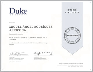 EDUCA
T
ION FOR EVE
R
YONE
CO
U
R
S
E
C E R T I F
I
C
A
TE
COURSE
CERTIFICATE
09/16/2017
MIGUEL ÁNGEL RODRÍGUEZ
ANTICONA
Data Visualization and Communication with
Tableau
an online non-credit course authorized by Duke University and offered through
Coursera
has successfully completed
Daniel Egger
Executive in Residence and Director,
Center for Quantitative Modeling
Pratt School of Engineering
Jana Schaich Borg
Assistant Research Professor
Social Science Research Institute
Verify at coursera.org/verify/PHPU2EHQ8C5N
Coursera has confirmed the identity of this individual and
their participation in the course.
 