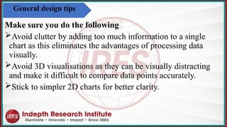 Make sure you do the following
Avoid clutter by adding too much information to a single
chart as this eliminates the advantages of processing data
visually​
.
Avoid 3D visualisations as they can be visually distracting
and make it difficult to compare data points accurately.
Stick to simpler 2D charts for better clarity.​
General design tips
 