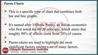 Pareto Charts
 This is a specific type of chart that combines both
bar and line graphs.
 It's named after Vilfredo Pareto, an Italian economist
who first noted the 80/20 principle, which states that
roughly 80% of effects come from 20% of causes.

 Pareto charts are used to highlight the most
significant factors among a set of many factors.
 