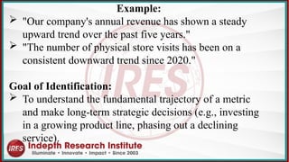 Example:
 "Our company's annual revenue has shown a steady
upward trend over the past five years."
 "The number of physical store visits has been on a
consistent downward trend since 2020."
Goal of Identification:
 To understand the fundamental trajectory of a metric
and make long-term strategic decisions (e.g., investing
in a growing product line, phasing out a declining
service).
 