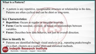What is a Pattern?
 A pattern is any repetitive, recognizable structure or relationship in the data.
Patterns are often cyclical and can be short or long-term.
Key Characteristics:
 Repetition: Occurs at regular or irregular intervals.
 Form: Can be seasonal, cyclical, or based on relationships between
variables.
 Focus: Describes how data behaves, not just its overall direction.
How to Identify It:
 Patterns are identified through visual analysis (e.g., repeating peaks/troughs
on a chart, clusters on a scatter plot) and statistical methods.
 