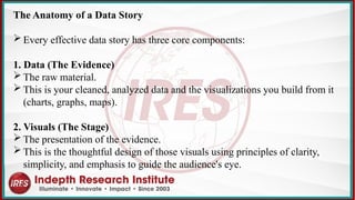 The Anatomy of a Data Story
 Every effective data story has three core components:
1. Data (The Evidence)
 The raw material.
 This is your cleaned, analyzed data and the visualizations you build from it
(charts, graphs, maps).
2. Visuals (The Stage)
 The presentation of the evidence.
 This is the thoughtful design of those visuals using principles of clarity,
simplicity, and emphasis to guide the audience's eye.
 