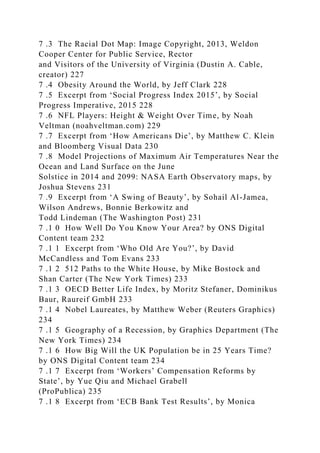 7 .3 The Racial Dot Map: Image Copyright, 2013, Weldon
Cooper Center for Public Service, Rector
and Visitors of the University of Virginia (Dustin A. Cable,
creator) 227
7 .4 Obesity Around the World, by Jeff Clark 228
7 .5 Excerpt from ‘Social Progress Index 2015’, by Social
Progress Imperative, 2015 228
7 .6 NFL Players: Height & Weight Over Time, by Noah
Veltman (noahveltman.com) 229
7 .7 Excerpt from ‘How Americans Die’, by Matthew C. Klein
and Bloomberg Visual Data 230
7 .8 Model Projections of Maximum Air Temperatures Near the
Ocean and Land Surface on the June
Solstice in 2014 and 2099: NASA Earth Observatory maps, by
Joshua Stevens 231
7 .9 Excerpt from ‘A Swing of Beauty’, by Sohail Al-Jamea,
Wilson Andrews, Bonnie Berkowitz and
Todd Lindeman (The Washington Post) 231
7 .1 0 How Well Do You Know Your Area? by ONS Digital
Content team 232
7 .1 1 Excerpt from ‘Who Old Are You?’, by David
McCandless and Tom Evans 233
7 .1 2 512 Paths to the White House, by Mike Bostock and
Shan Carter (The New York Times) 233
7 .1 3 OECD Better Life Index, by Moritz Stefaner, Dominikus
Baur, Raureif GmbH 233
7 .1 4 Nobel Laureates, by Matthew Weber (Reuters Graphics)
234
7 .1 5 Geography of a Recession, by Graphics Department (The
New York Times) 234
7 .1 6 How Big Will the UK Population be in 25 Years Time?
by ONS Digital Content team 234
7 .1 7 Excerpt from ‘Workers’ Compensation Reforms by
State’, by Yue Qiu and Michael Grabell
(ProPublica) 235
7 .1 8 Excerpt from ‘ECB Bank Test Results’, by Monica
 