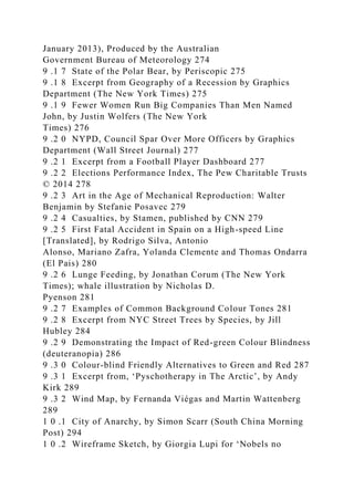 January 2013), Produced by the Australian
Government Bureau of Meteorology 274
9 .1 7 State of the Polar Bear, by Periscopic 275
9 .1 8 Excerpt from Geography of a Recession by Graphics
Department (The New York Times) 275
9 .1 9 Fewer Women Run Big Companies Than Men Named
John, by Justin Wolfers (The New York
Times) 276
9 .2 0 NYPD, Council Spar Over More Officers by Graphics
Department (Wall Street Journal) 277
9 .2 1 Excerpt from a Football Player Dashboard 277
9 .2 2 Elections Performance Index, The Pew Charitable Trusts
© 2014 278
9 .2 3 Art in the Age of Mechanical Reproduction: Walter
Benjamin by Stefanie Posavec 279
9 .2 4 Casualties, by Stamen, published by CNN 279
9 .2 5 First Fatal Accident in Spain on a High-speed Line
[Translated], by Rodrigo Silva, Antonio
Alonso, Mariano Zafra, Yolanda Clemente and Thomas Ondarra
(El Pais) 280
9 .2 6 Lunge Feeding, by Jonathan Corum (The New York
Times); whale illustration by Nicholas D.
Pyenson 281
9 .2 7 Examples of Common Background Colour Tones 281
9 .2 8 Excerpt from NYC Street Trees by Species, by Jill
Hubley 284
9 .2 9 Demonstrating the Impact of Red-green Colour Blindness
(deuteranopia) 286
9 .3 0 Colour-blind Friendly Alternatives to Green and Red 287
9 .3 1 Excerpt from, ‘Pyschotherapy in The Arctic’, by Andy
Kirk 289
9 .3 2 Wind Map, by Fernanda Viégas and Martin Wattenberg
289
1 0 .1 City of Anarchy, by Simon Scarr (South China Morning
Post) 294
1 0 .2 Wireframe Sketch, by Giorgia Lupi for ‘Nobels no
 