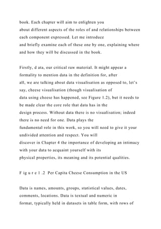 book. Each chapter will aim to enlighten you
about different aspects of the roles of and relationships between
each component expressed. Let me introduce
and briefly examine each of these one by one, explaining where
and how they will be discussed in the book.
Firstly, d ata, our critical raw material. It might appear a
formality to mention data in the definition for, after
all, we are talking about data visualisation as opposed to, let’s
say, cheese visualisation (though visualisation of
data using cheese has happened, see Figure 1.2), but it needs to
be made clear the core role that data has in the
design process. Without data there is no visualisation; indeed
there is no need for one. Data plays the
fundamental role in this work, so you will need to give it your
undivided attention and respect. You will
discover in Chapter 4 the importance of developing an intimacy
with your data to acquaint yourself with its
physical properties, its meaning and its potential qualities.
F ig u r e 1 .2 Per Capita Cheese Consumption in the US
Data is names, amounts, groups, statistical values, dates,
comments, locations. Data is textual and numeric in
format, typically held in datasets in table form, with rows of
 