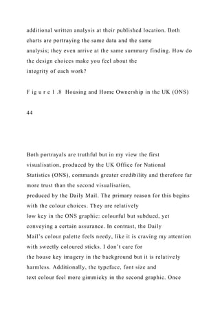 additional written analysis at their published location. Both
charts are portraying the same data and the same
analysis; they even arrive at the same summary finding. How do
the design choices make you feel about the
integrity of each work?
F ig u r e 1 .8 Housing and Home Ownership in the UK (ONS)
44
Both portrayals are truthful but in my view the first
visualisation, produced by the UK Office for National
Statistics (ONS), commands greater credibility and therefore far
more trust than the second visualisation,
produced by the Daily Mail. The primary reason for this begins
with the colour choices. They are relatively
low key in the ONS graphic: colourful but subdued, yet
conveying a certain assurance. In contrast, the Daily
Mail’s colour palette feels needy, like it is craving my attention
with sweetly coloured sticks. I don’t care for
the house key imagery in the background but it is relatively
harmless. Additionally, the typeface, font size and
text colour feel more gimmicky in the second graphic. Once
 