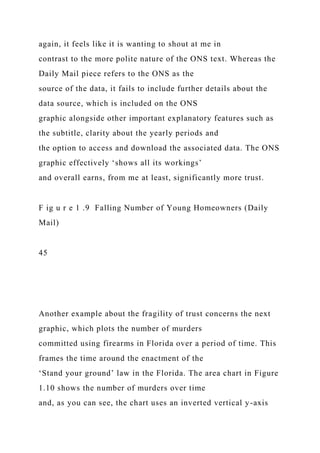 again, it feels like it is wanting to shout at me in
contrast to the more polite nature of the ONS text. Whereas the
Daily Mail piece refers to the ONS as the
source of the data, it fails to include further details about the
data source, which is included on the ONS
graphic alongside other important explanatory features such as
the subtitle, clarity about the yearly periods and
the option to access and download the associated data. The ONS
graphic effectively ‘shows all its workings’
and overall earns, from me at least, significantly more trust.
F ig u r e 1 .9 Falling Number of Young Homeowners (Daily
Mail)
45
Another example about the fragility of trust concerns the next
graphic, which plots the number of murders
committed using firearms in Florida over a period of time. This
frames the time around the enactment of the
‘Stand your ground’ law in the Florida. The area chart in Figure
1.10 shows the number of murders over time
and, as you can see, the chart uses an inverted vertical y-axis
 