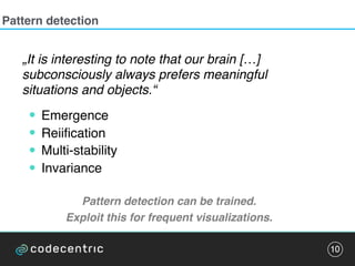 Pattern detection
10
„It is interesting to note that our brain […]
subconsciously always prefers meaningful
situations and objects.“
• Emergence
• Reiification
• Multi-stability
• Invariance
Pattern detection can be trained.
Exploit this for frequent visualizations.
 