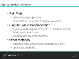 Approximation methods
• Pair Plots
• Axis-aligned projections
• Interpretable in terms of original variables
• Singular Value Decomposition
• Optimal with respect to 2-norm (Euclidean norm)
and supremum norm
• Comes with an error estimate
• Other methods
• Stochastic Neighborhood Embedding (t-SNE)
• „Manifold Learning“
19
 