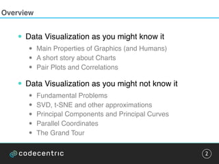 Overview
• Data Visualization as you might know it
• Main Properties of Graphics (and Humans)
• A short story about Charts
• Pair Plots and Correlations
• Data Visualization as you might not know it
• Fundamental Problems
• SVD, t-SNE and other approximations
• Principal Components and Principal Curves
• Parallel Coordinates
• The Grand Tour
2
 