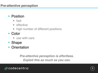 Pre-attentive perception
9
• Position
• fast
• effective
• high number of different positions
• Color
• use with care
• Shape
• Orientation
Pre-attentive perception is effortless.
Exploit this as much as you can.
 