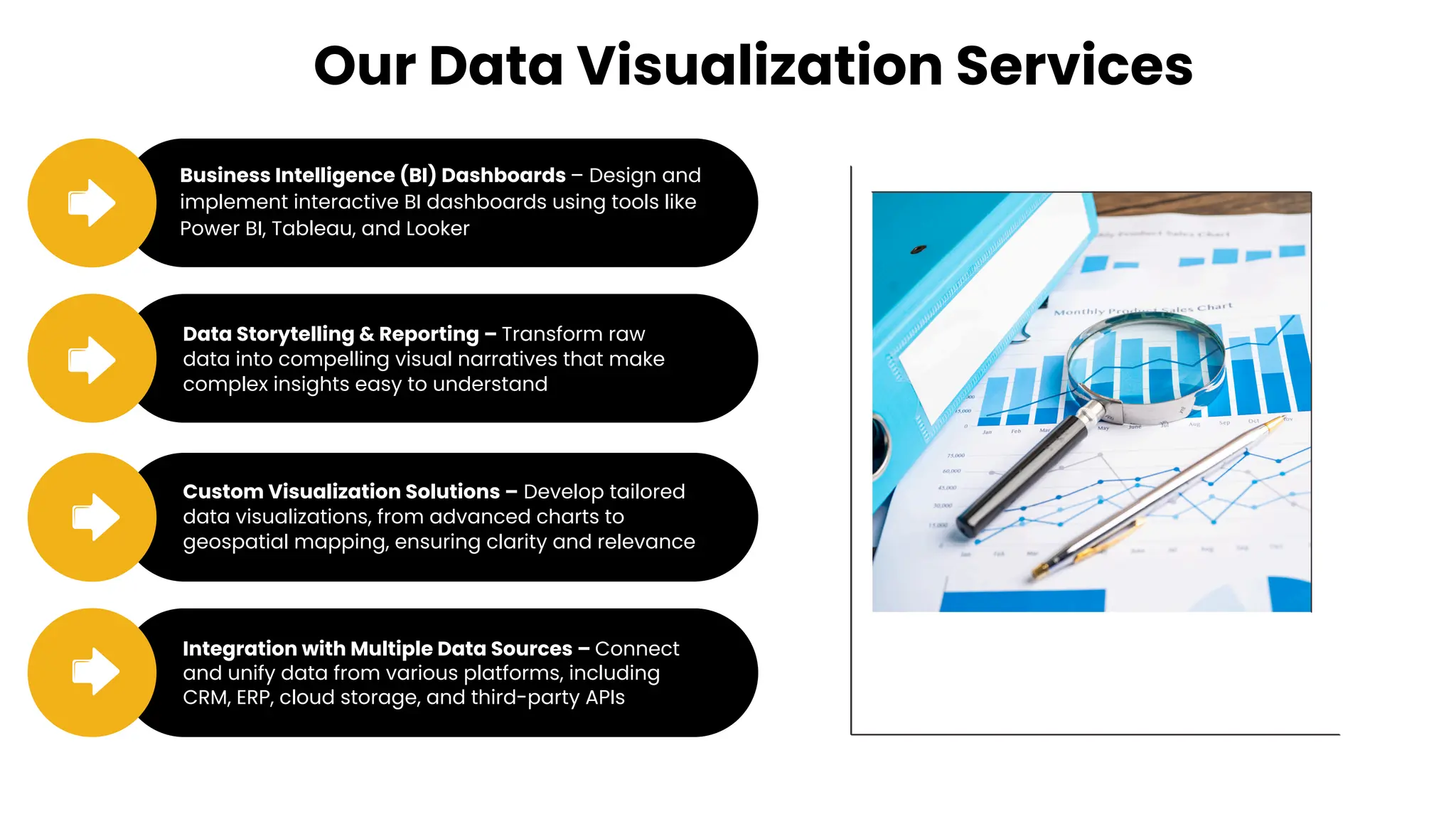 Business Intelligence (BI) Dashboards – Design and
implement interactive BI dashboards using tools like
Power BI, Tableau, and Looker
Data Storytelling & Reporting – Transform raw
data into compelling visual narratives that make
complex insights easy to understand
Custom Visualization Solutions – Develop tailored
data visualizations, from advanced charts to
geospatial mapping, ensuring clarity and relevance
Integration with Multiple Data Sources – Connect
and unify data from various platforms, including
CRM, ERP, cloud storage, and third-party APIs
Our Data Visualization Services
 